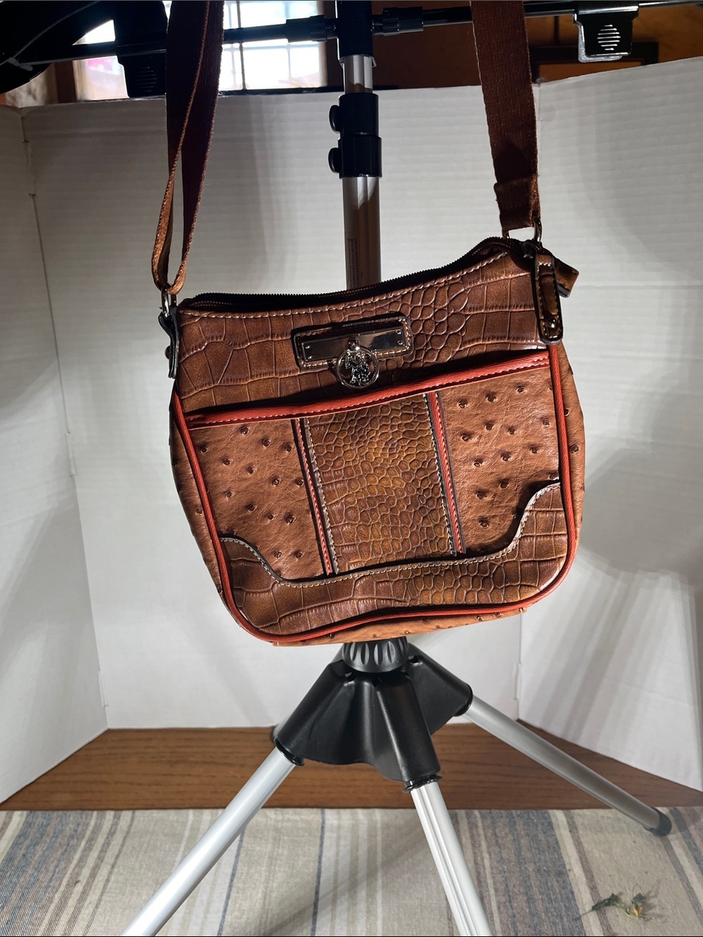 Beverly Hills Polo Club Brown Croc & Ostrich-Style Crossbody with Red Trim